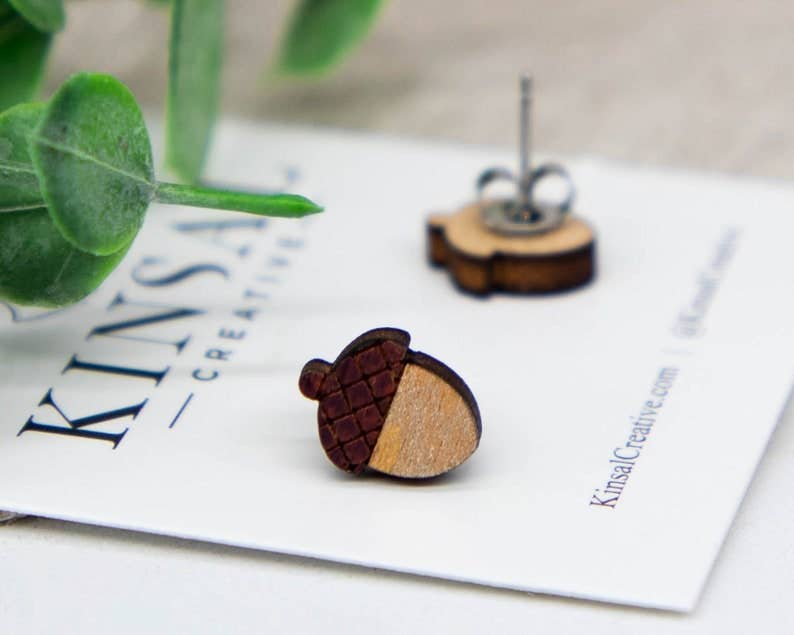 Laser Cut Wood Stud Earrings: Acorns