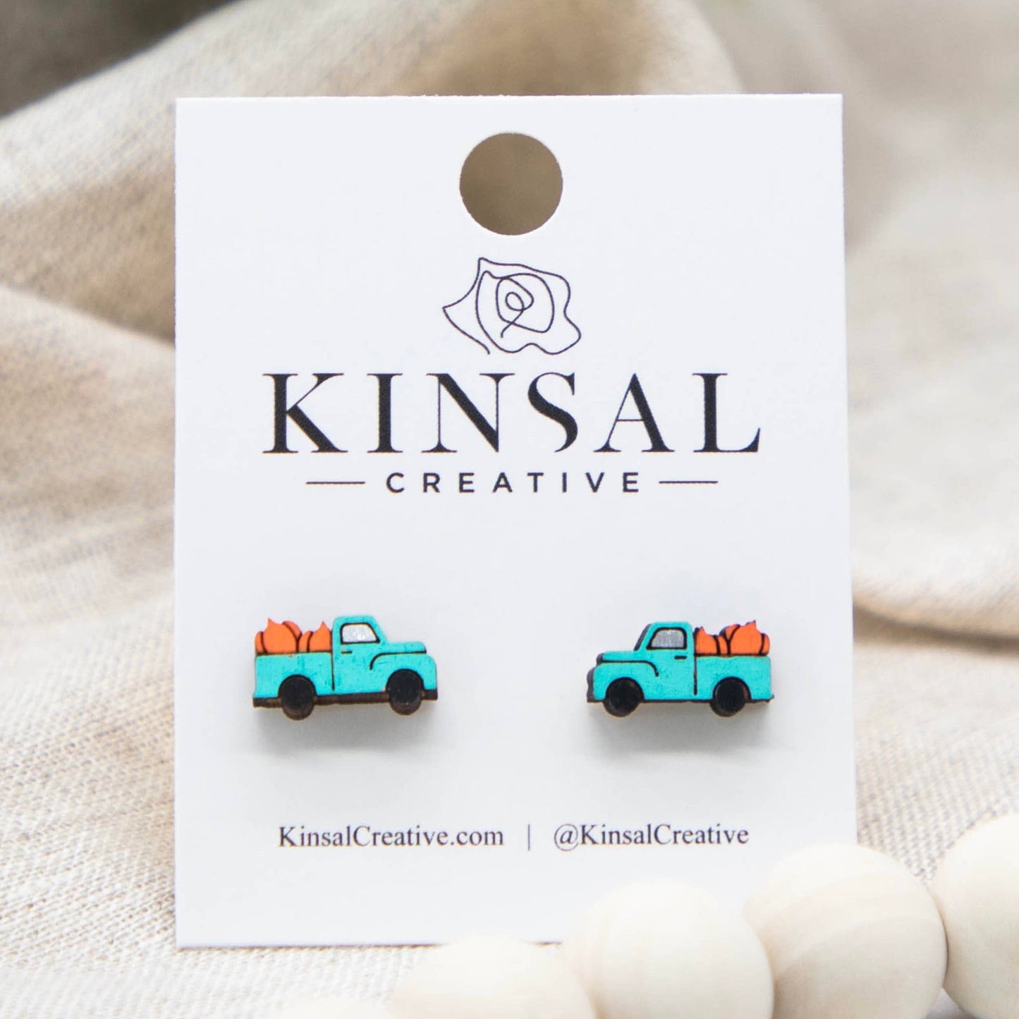 Laser Cut Wood Stud Earrings: Fall Truck w/ Pumpkins