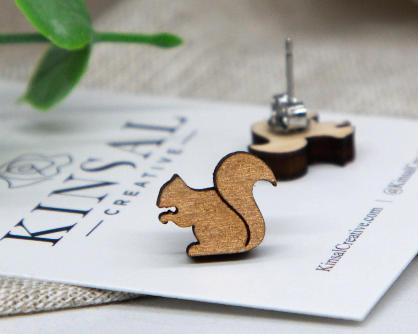 Laser Cut Wood Stud Earrings: Squirrel