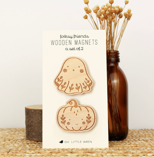 Laser Cut Wood Magnets: Folksy Halloween Ghost + Pumpkin