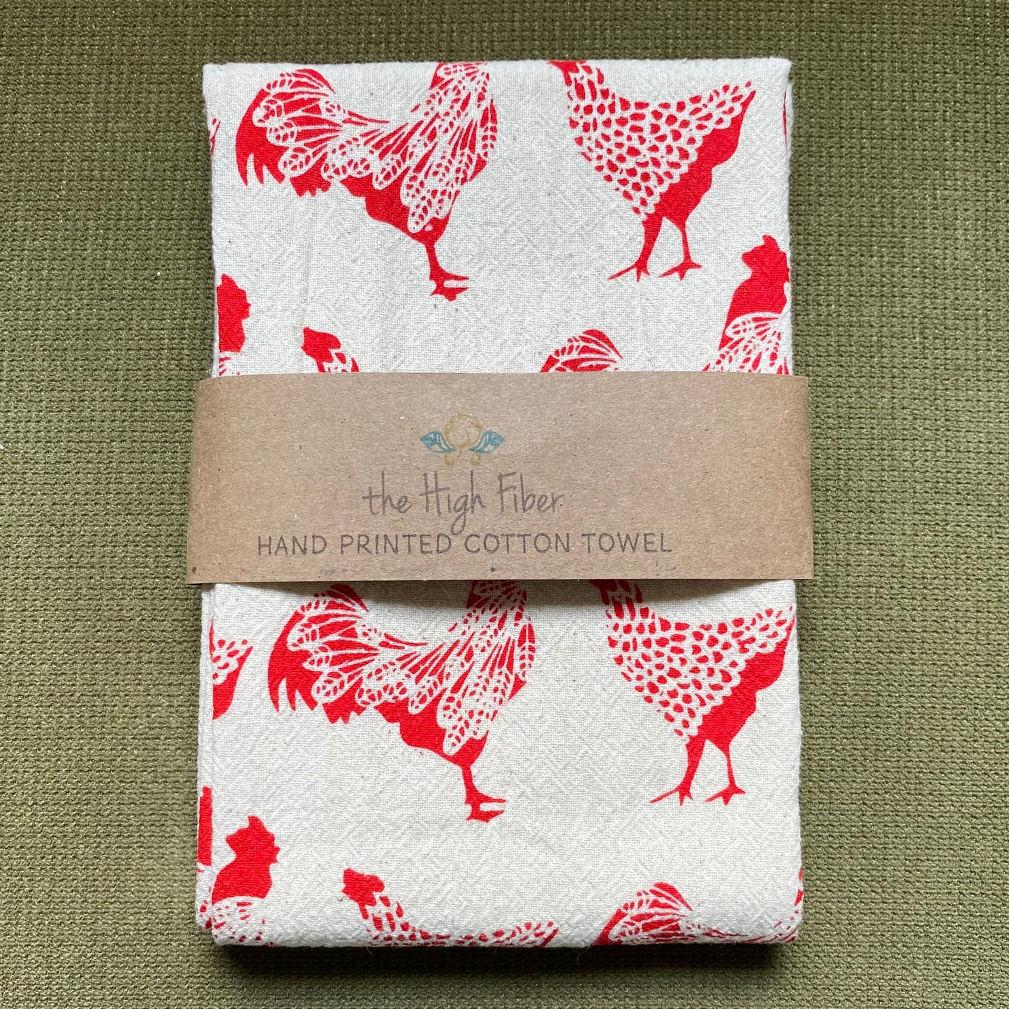 Hand Printed Cotton Tea Towel: Chickens + Roosters