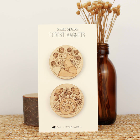 Laser Cut Wood Magnets: Woodland Fox + Snail