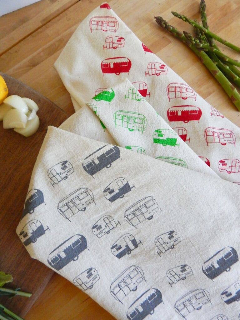 Hand Printed Cotton Tea Towel: Vintage Campers