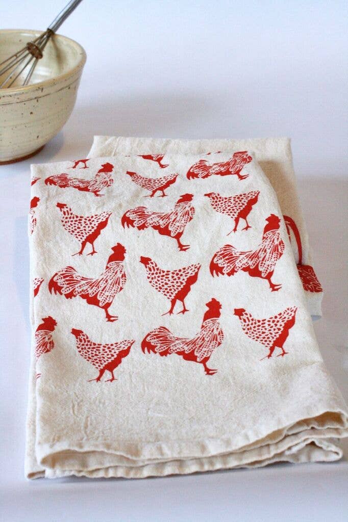 Hand Printed Cotton Tea Towel: Chickens + Roosters