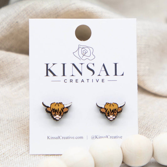 Laser Cut Wood Stud Earrings: Highland Cow