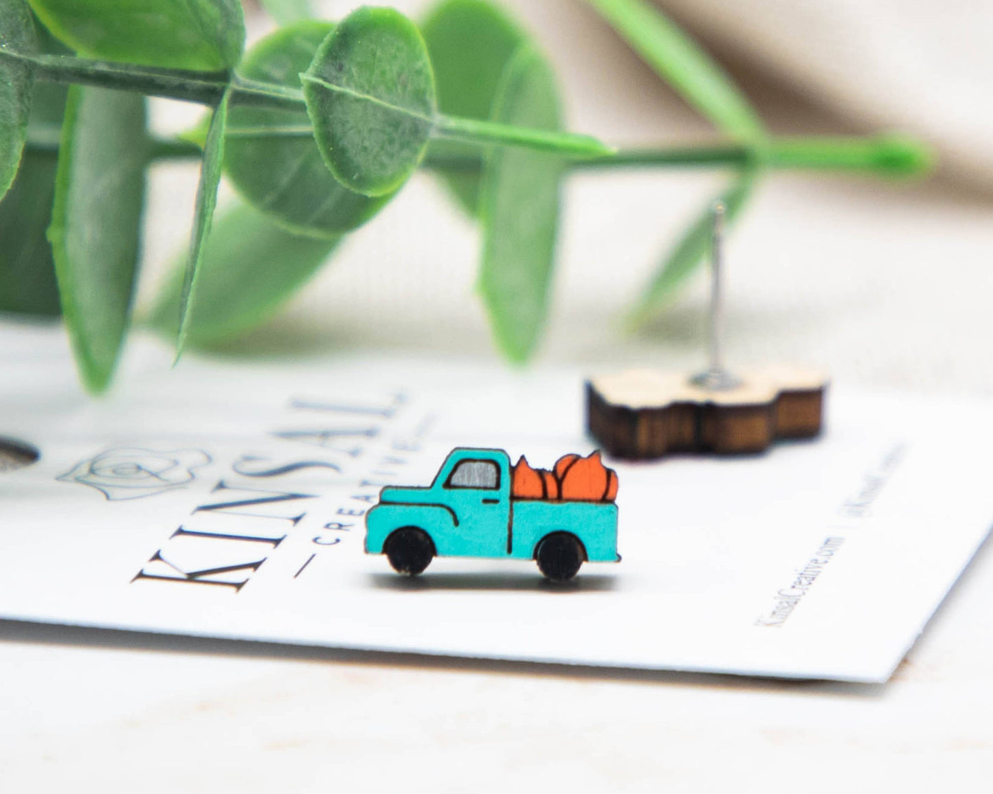 Laser Cut Wood Stud Earrings: Fall Truck w/ Pumpkins