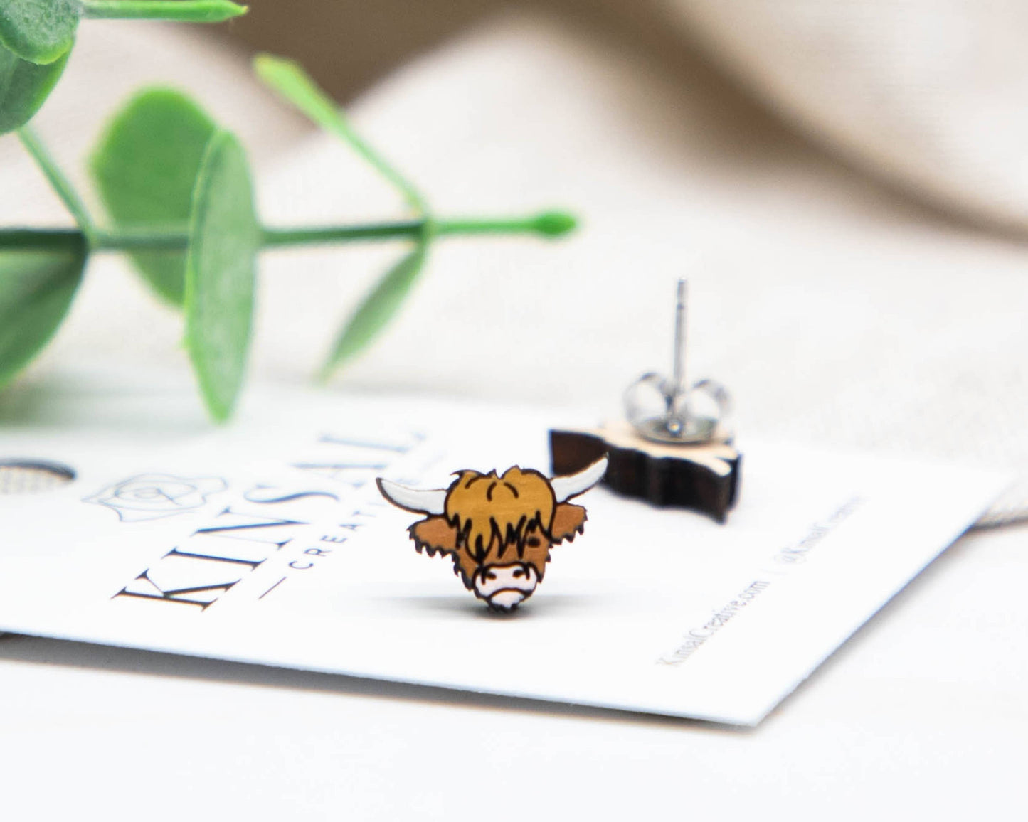 Laser Cut Wood Stud Earrings: Highland Cow