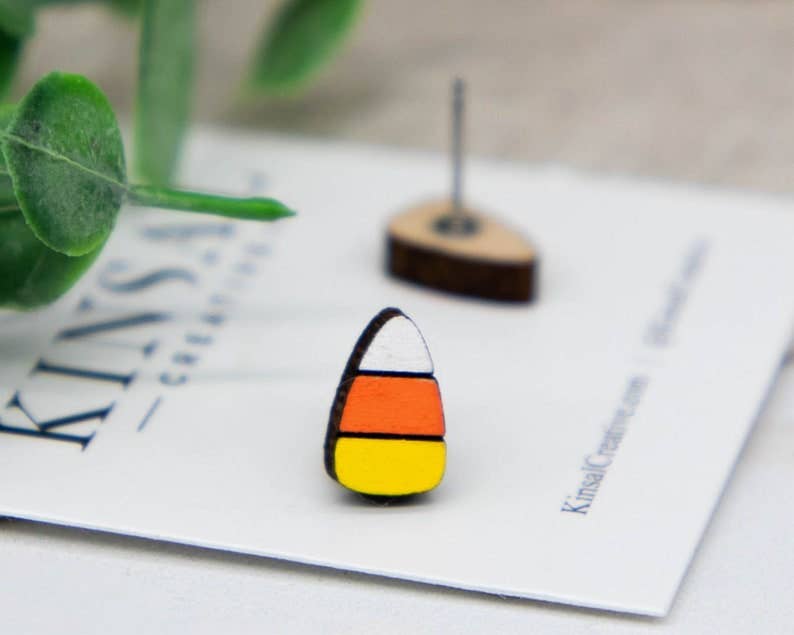 Laser Cut Wood Stud Earrings: Candy Corn