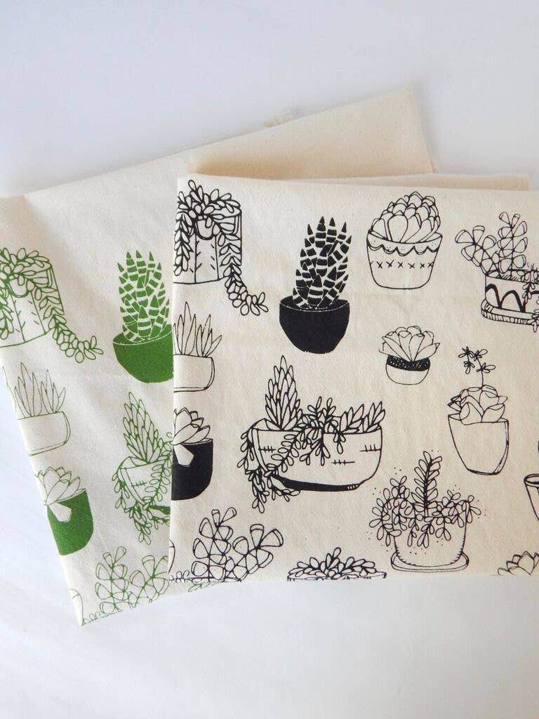 Hand Printed Cotton Tea Towel: Succulents