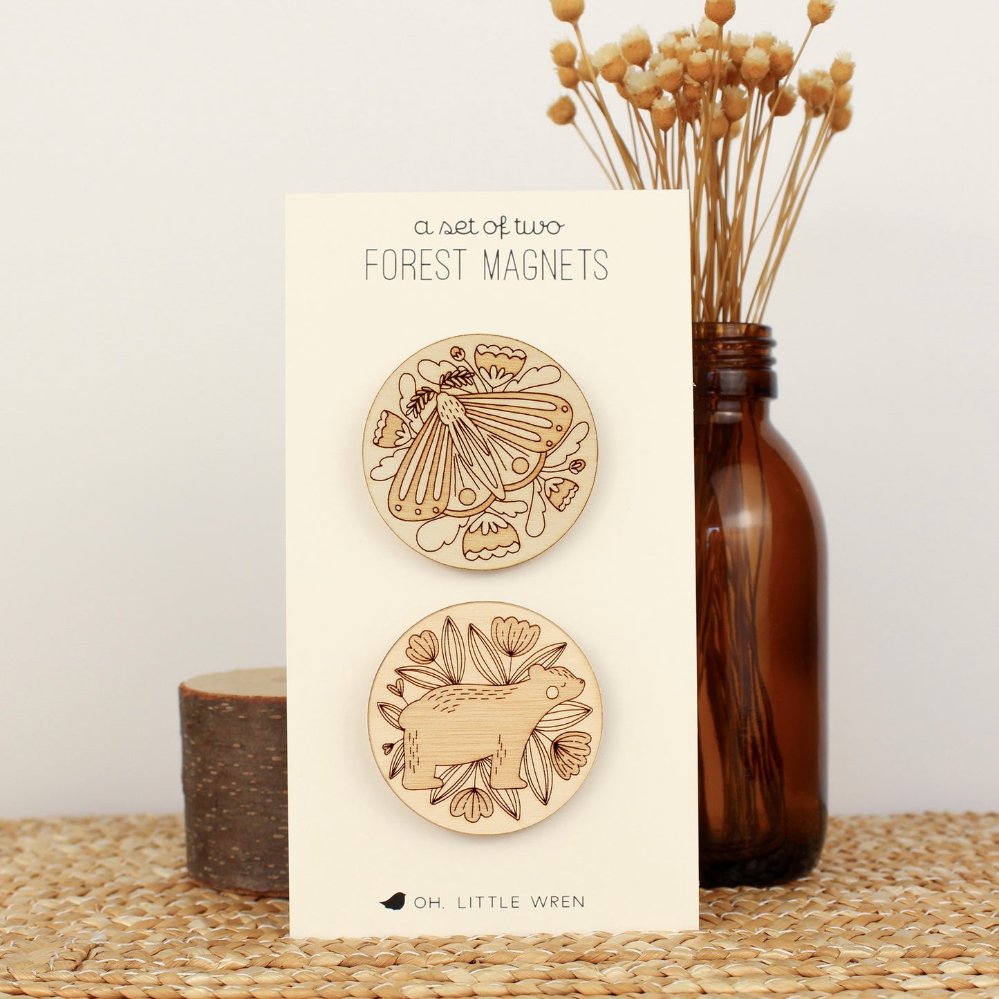 Laser Cut Wood Magnets: Woodland Animals - Moth + Bear