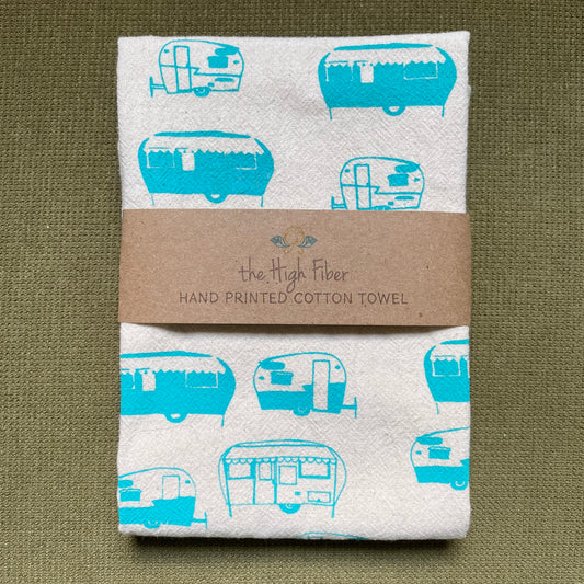 Hand Printed Cotton Tea Towel: Vintage Campers