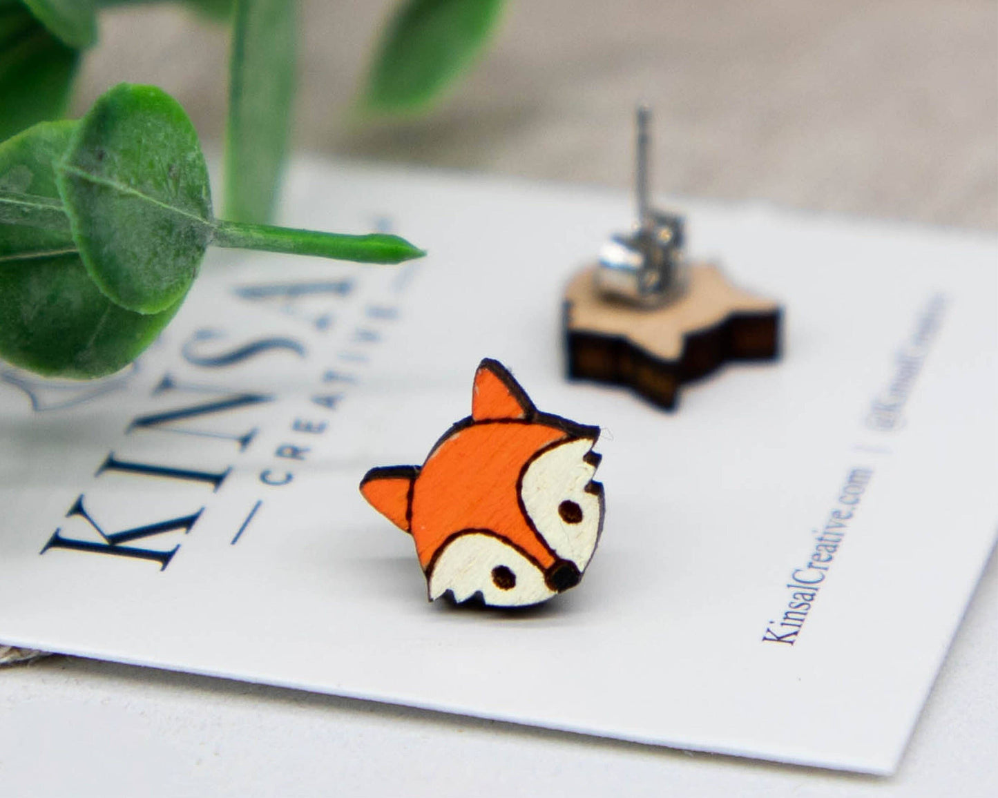 Laser Cut Wood Stud Earrings: Fox