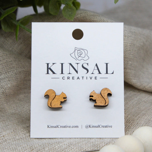 Laser Cut Wood Stud Earrings: Squirrel