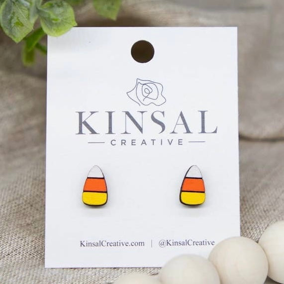 Laser Cut Wood Stud Earrings: Candy Corn