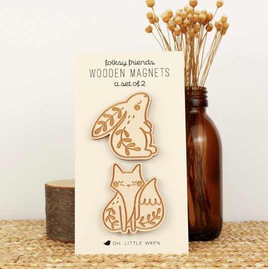 Laser Cut Wood Magnets: Folksy Fox + Rabbit