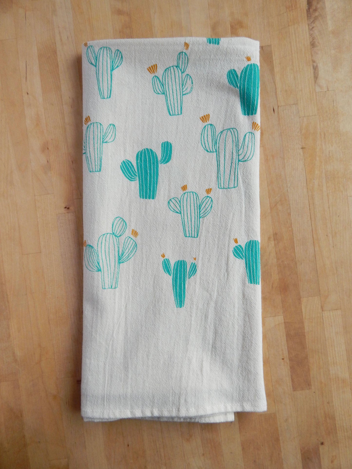 Hand Printed Cotton Tea Towel: Cacti