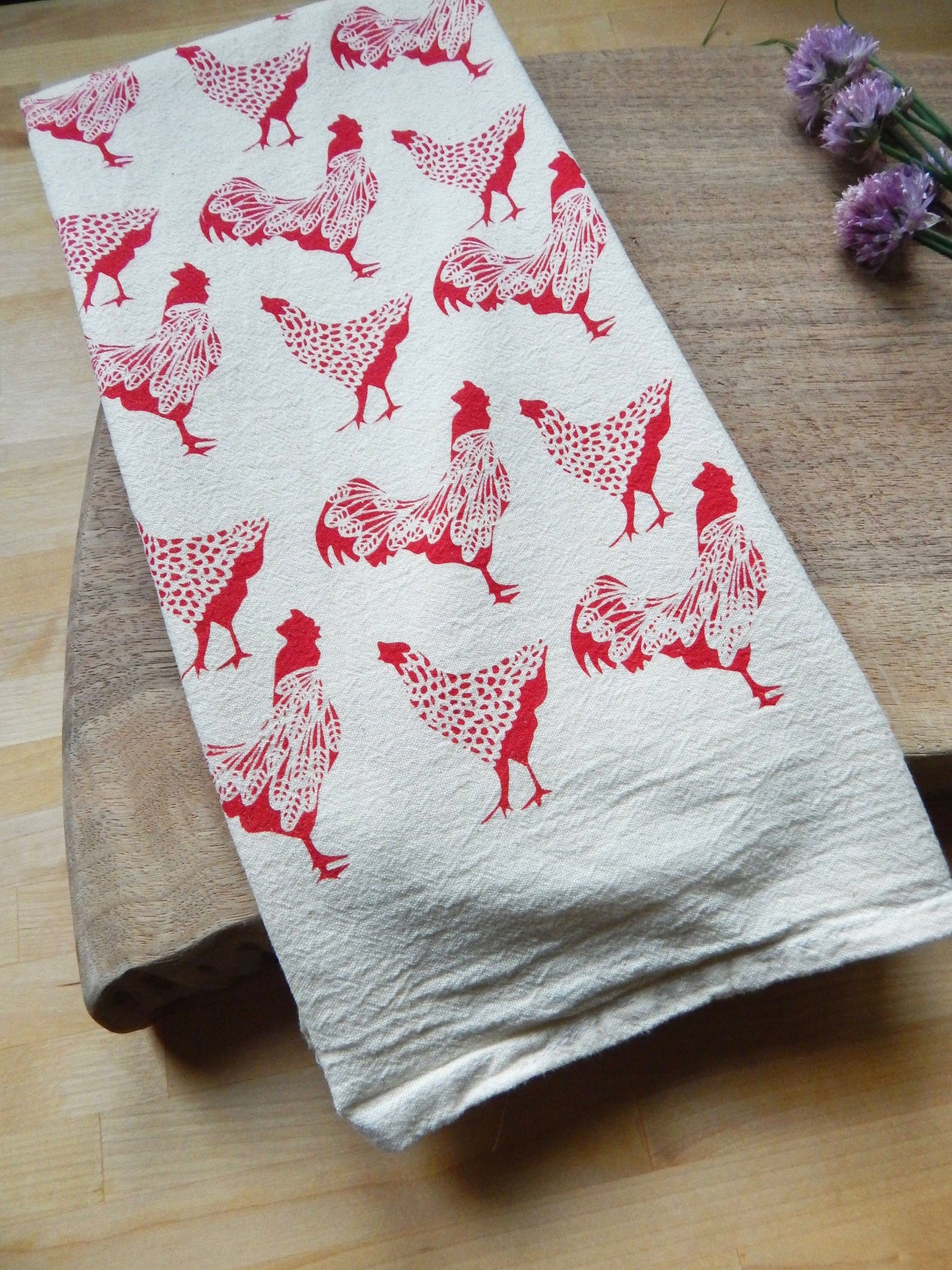 Hand Printed Cotton Tea Towel: Chickens + Roosters