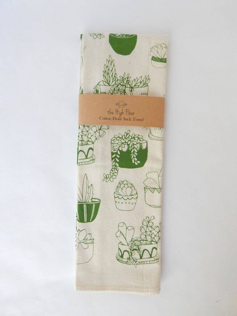 Hand Printed Cotton Tea Towel: Succulents