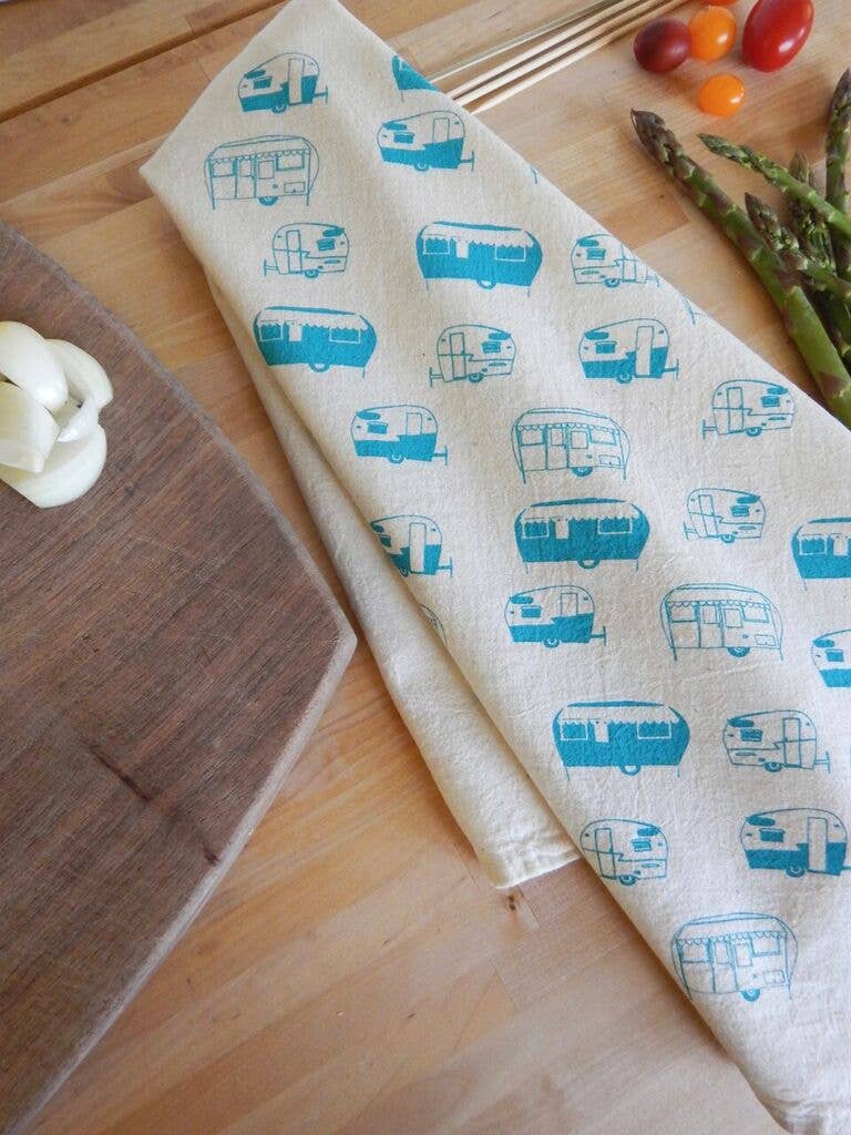 Hand Printed Cotton Tea Towel: Vintage Campers